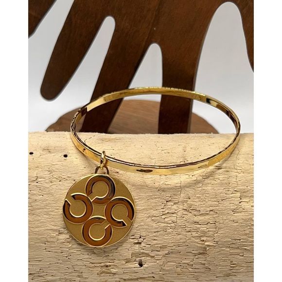 COACH Gold Bangle Bracelet  Logo Signature Disc Charm - Picture 2 of 7